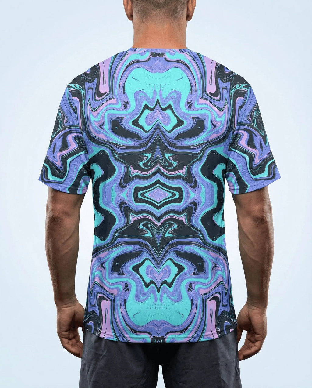 Glacial Oversized Softee rave top from the back, featuring a hypnotic blue, purple, and black marbled pattern.