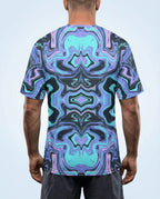 Glacial Oversized Softee rave top from the back, featuring a hypnotic blue, purple, and black marbled pattern.