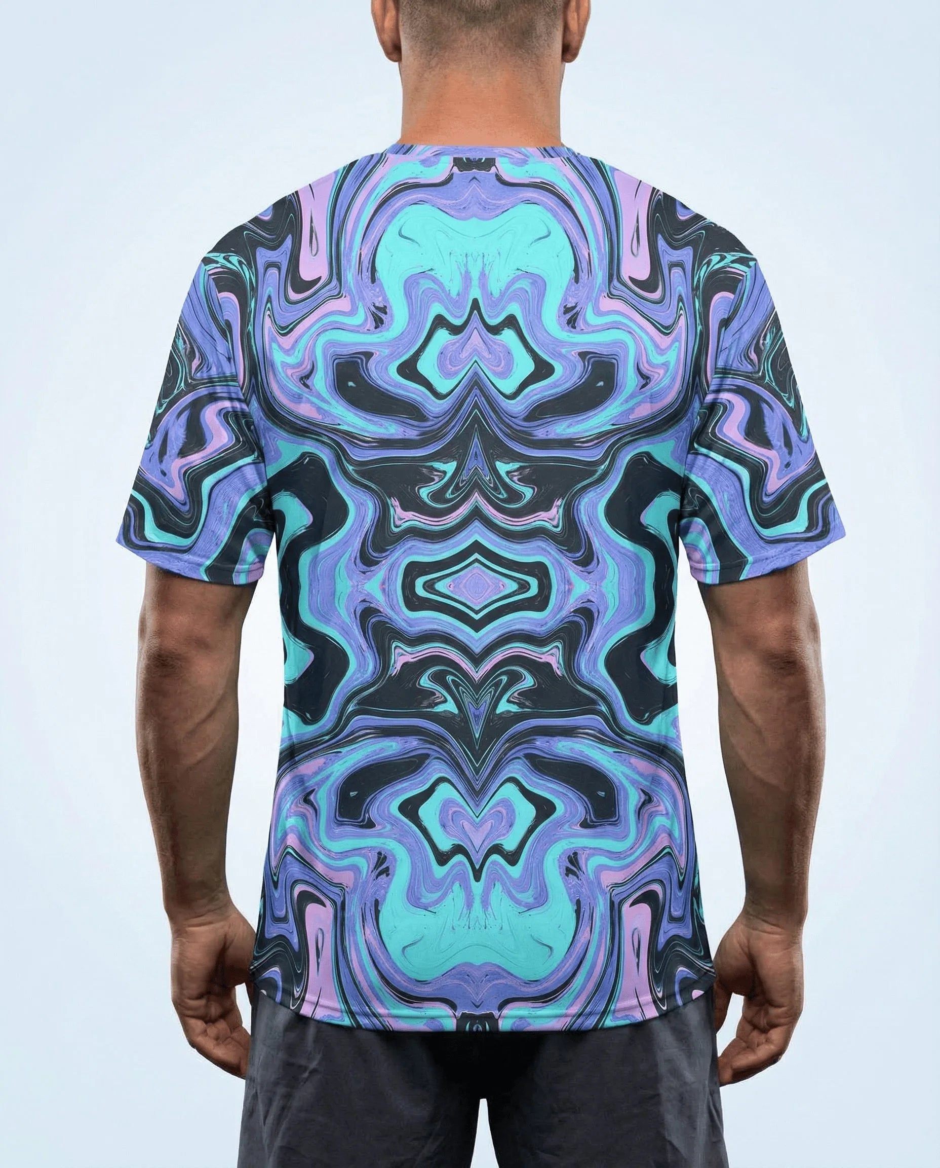 Glacial Oversized Softee rave top from the back, featuring a hypnotic blue, purple, and black marbled pattern.