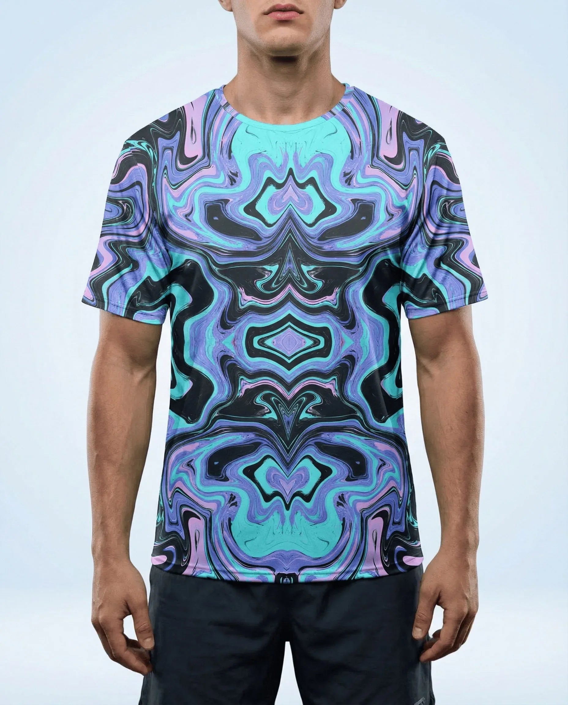 Glacial Oversized Softee rave top on a male model, featuring a mesmerizing purple and teal abstract pattern, front view.