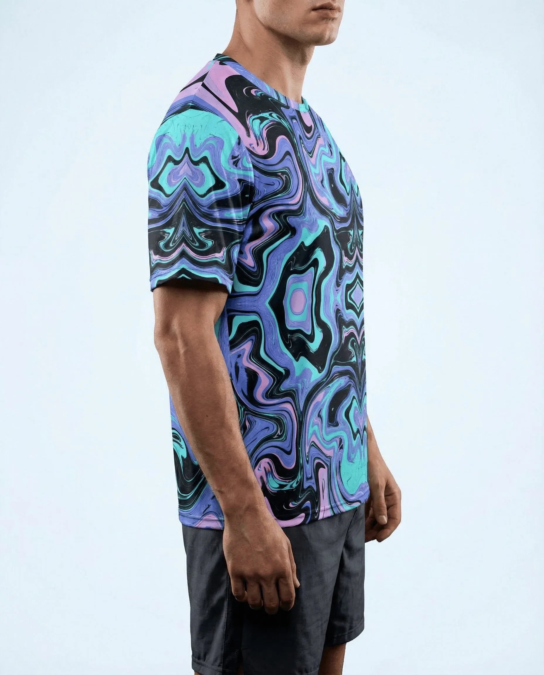 Glacial Oversized Softee rave top in a side view, showcasing the vibrant purple and teal swirl pattern.