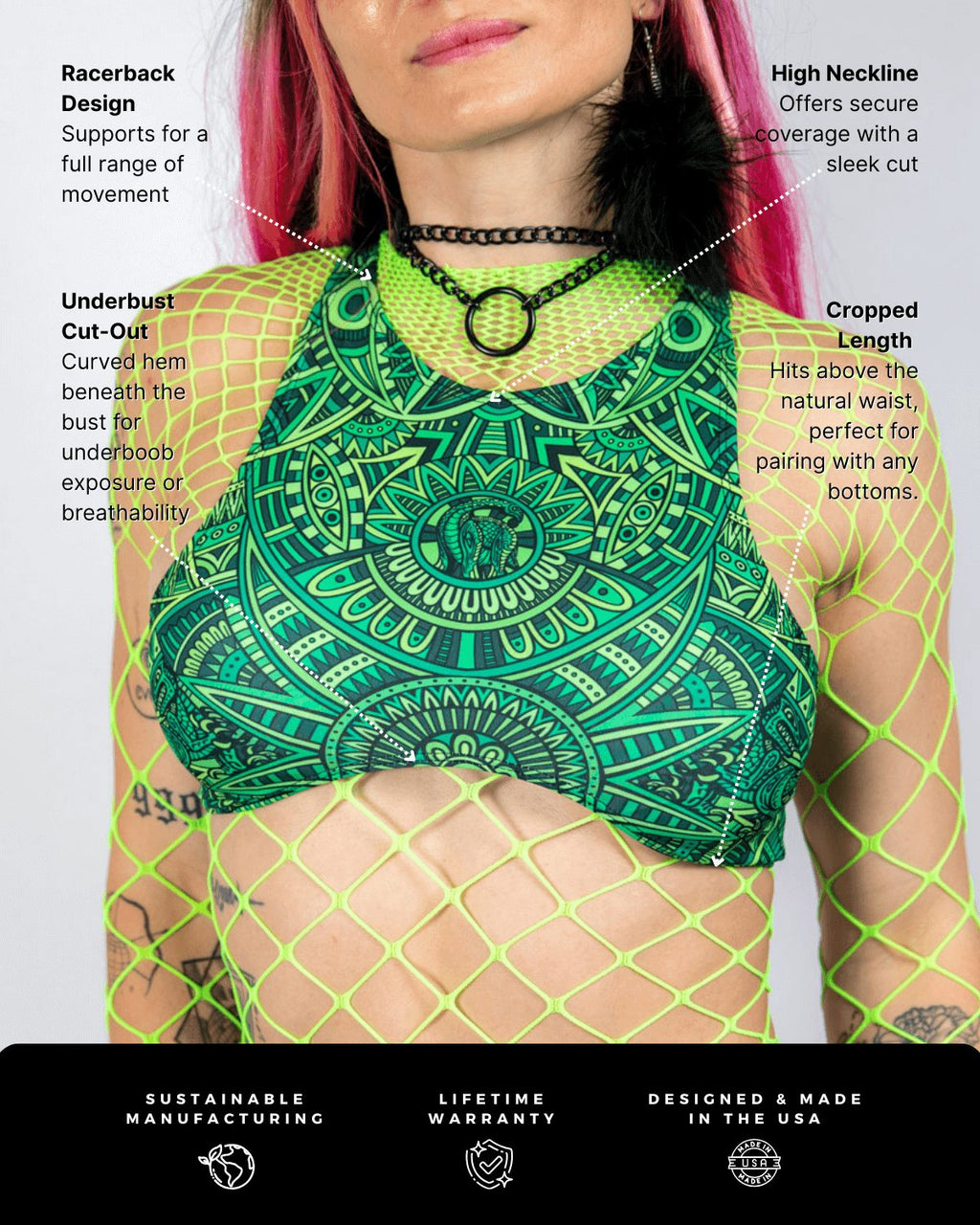 Green mandala Dominion rave top with neon fishnet overlay showing racerback design and underboob cutout details
