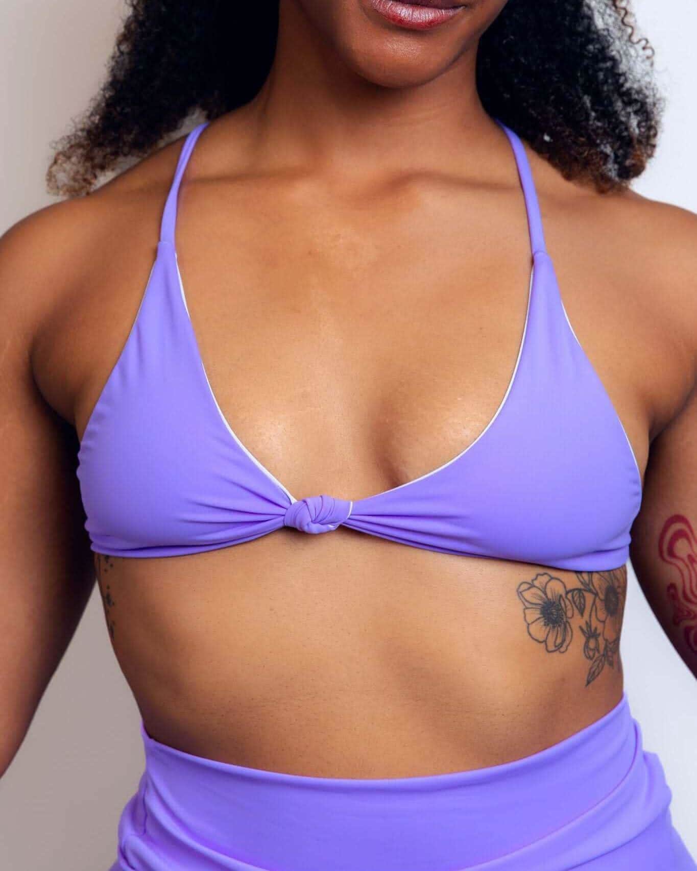 Lavender Serendipity rave top bikini style with knotted center detail modeled front view festival wear
