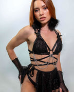 Lilith black rave top with harness straps and chains modeled front view festival outfit