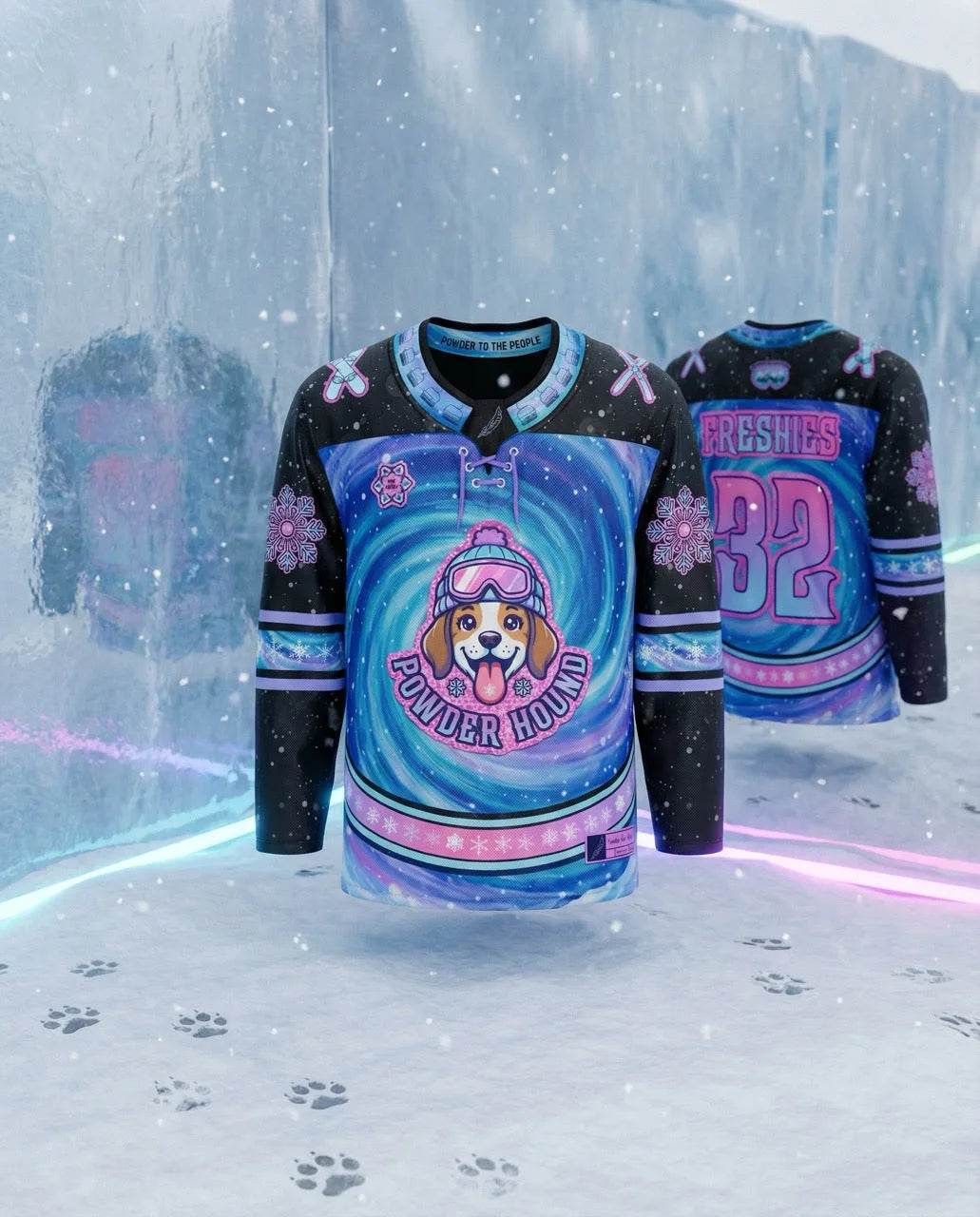 Powder Hound Hockey Jersey front view, featuring a playful beagle mascot in goggles on a cosmic snowstorm background, perfect for rave festivals.