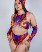 Radiance rave top with trippy fractal print in electric orange and fuchsia, festival outfit front view