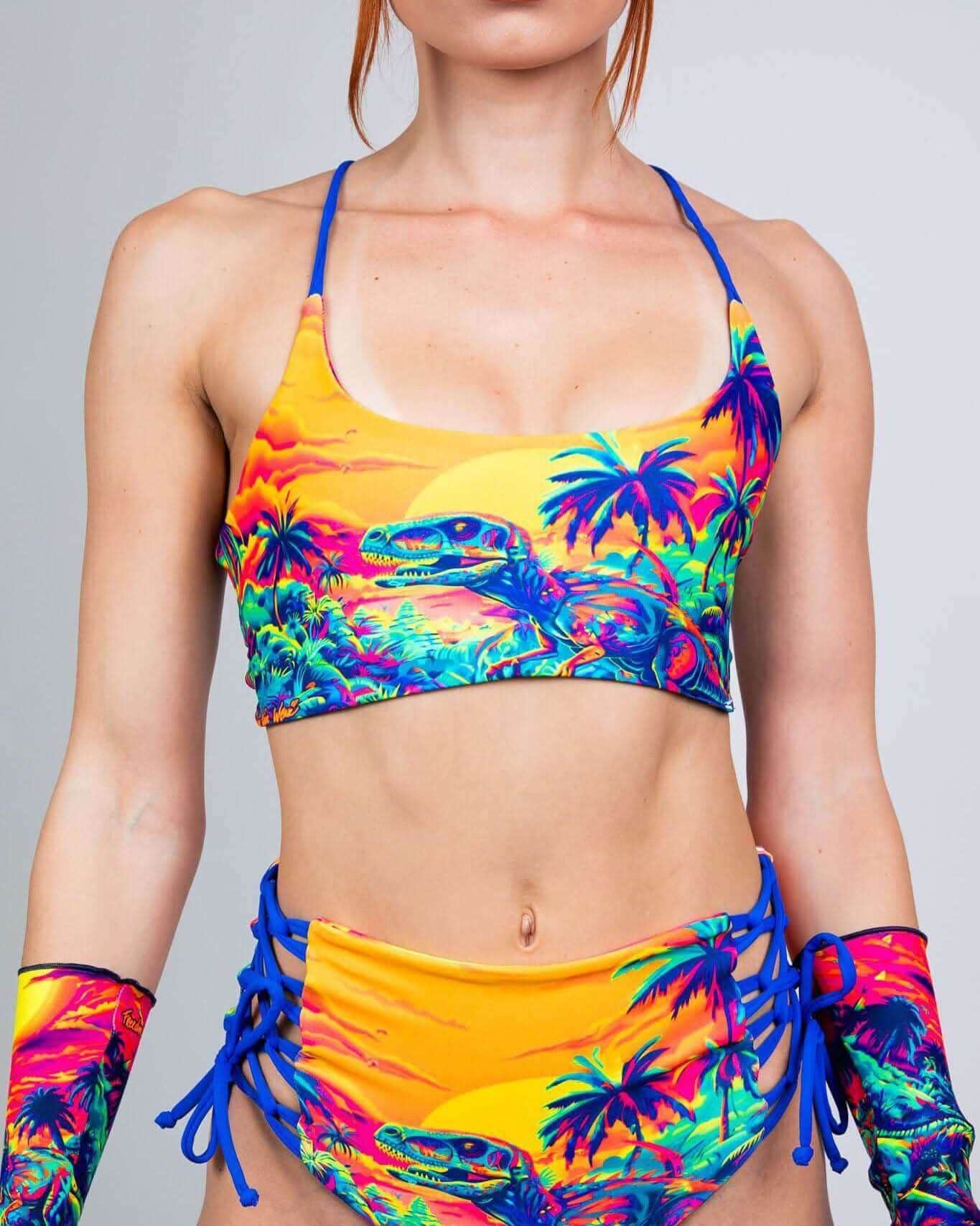 Saurian reversible rave top in tropical dinosaur print with matching bottoms and sleeves front view