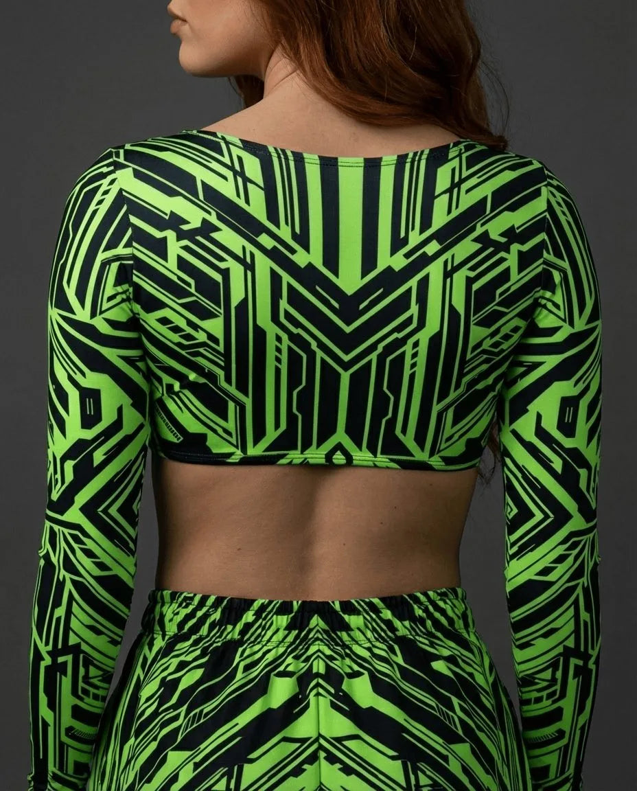 Techtronix Long Sleeve Teaser Top from the back, showing neon green and black circuit board pattern, perfect for rave festivals.