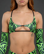 Techtronix Wonder Top front view, featuring neon green and black circuit lines on a rave bralette with matching detached long sleeves.