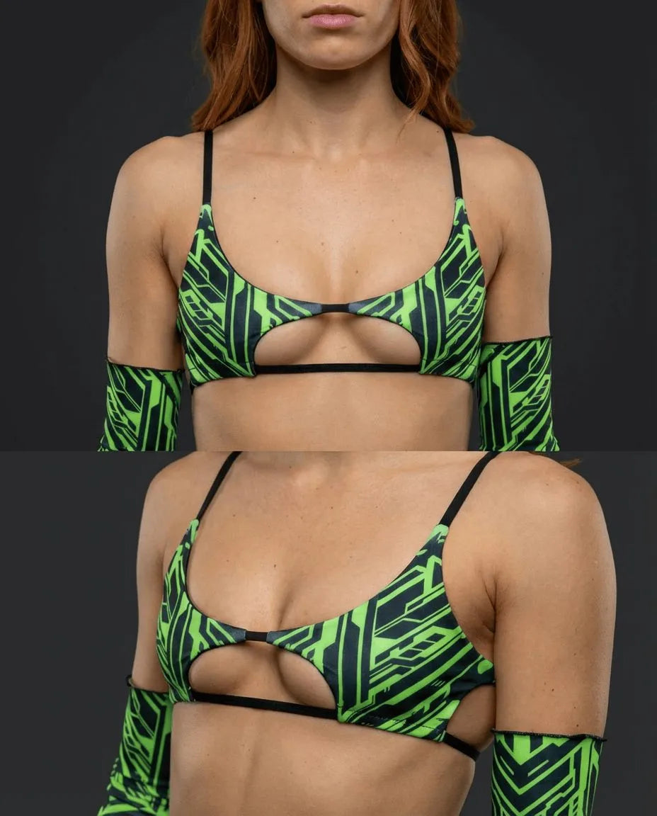 Techtronix Wonder Top front view, featuring neon green circuit lines on black fabric, perfect for rave festivals.