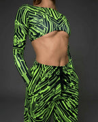 Techtronix Long Sleeve Teaser Top in neon green and black circuitry pattern, front view, perfect for rave festivals.