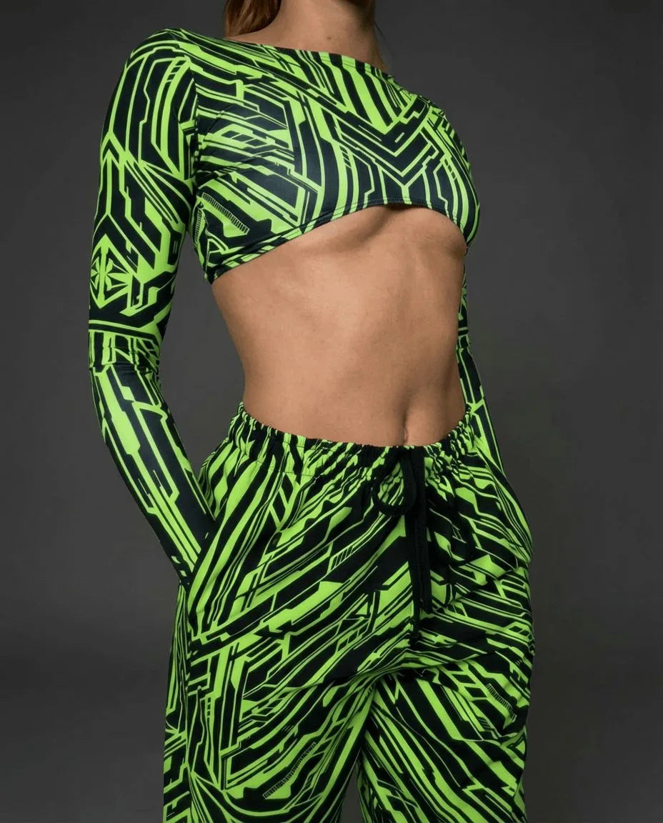 Techtronix Long Sleeve Teaser Top in neon green and black circuitry pattern, front view, perfect for rave festivals.