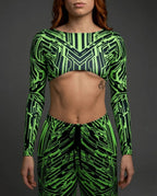 Techtronix Long Sleeve Teaser Top in neon green and black, shown from the front on a model, perfect for rave festivals.