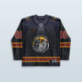 Trash Brigade Hockey Jersey with raccoon, opossum and skunk graphic, crime scene tape, graffiti details, dark night-time design