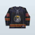 Trash Brigade Hockey Jersey with raccoon, opossum and skunk graphic, crime scene tape, graffiti details, dark night-time design