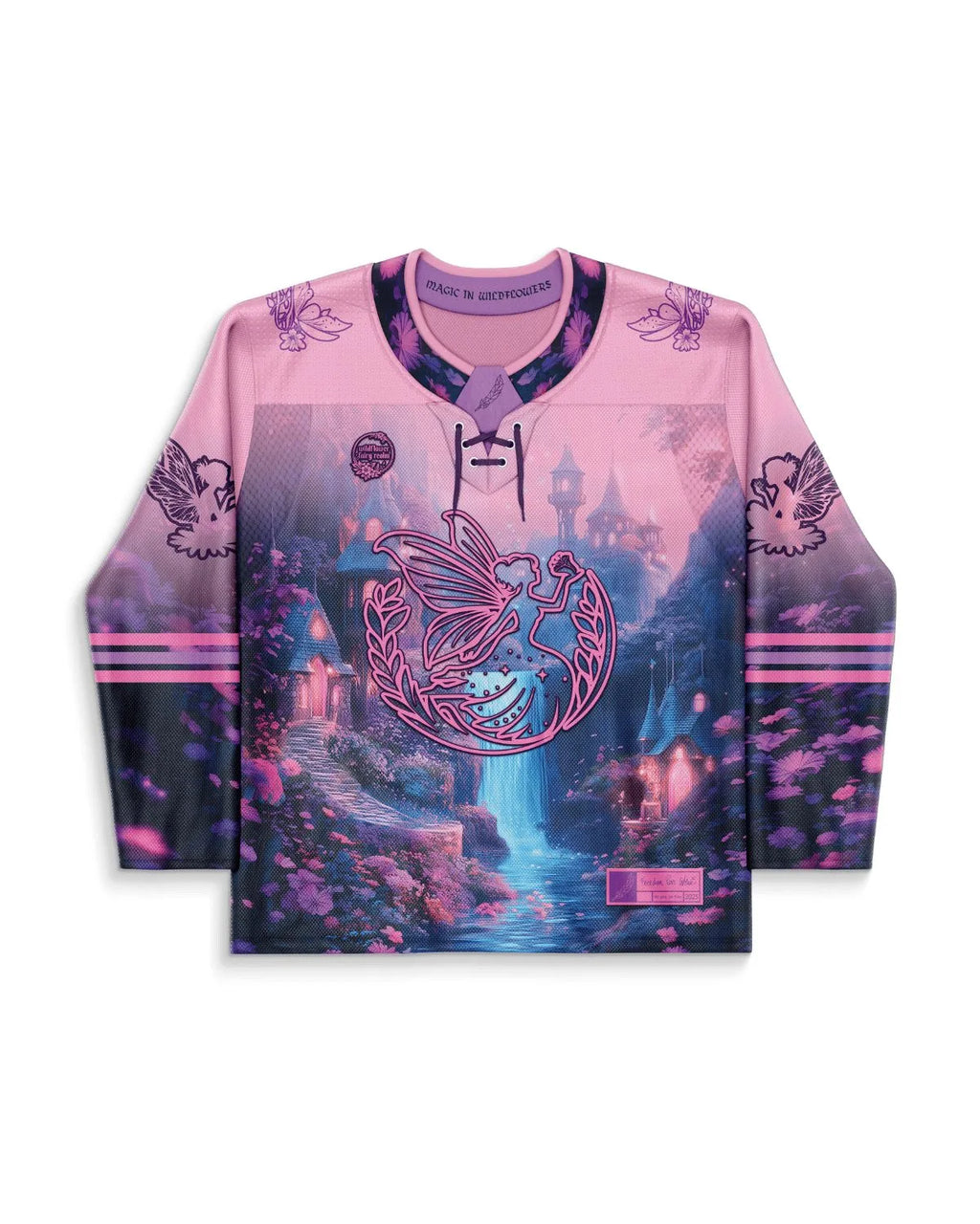 Fairycore hockey jersey in pink purple gradient with mystical wildflower design festival rave wear front view