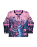 Fairycore hockey jersey in pink purple gradient with mystical wildflower design festival rave wear front view