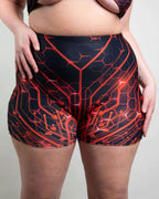 Red Singularity high waist rave pants with geometric circuit pattern for festival outfit styling