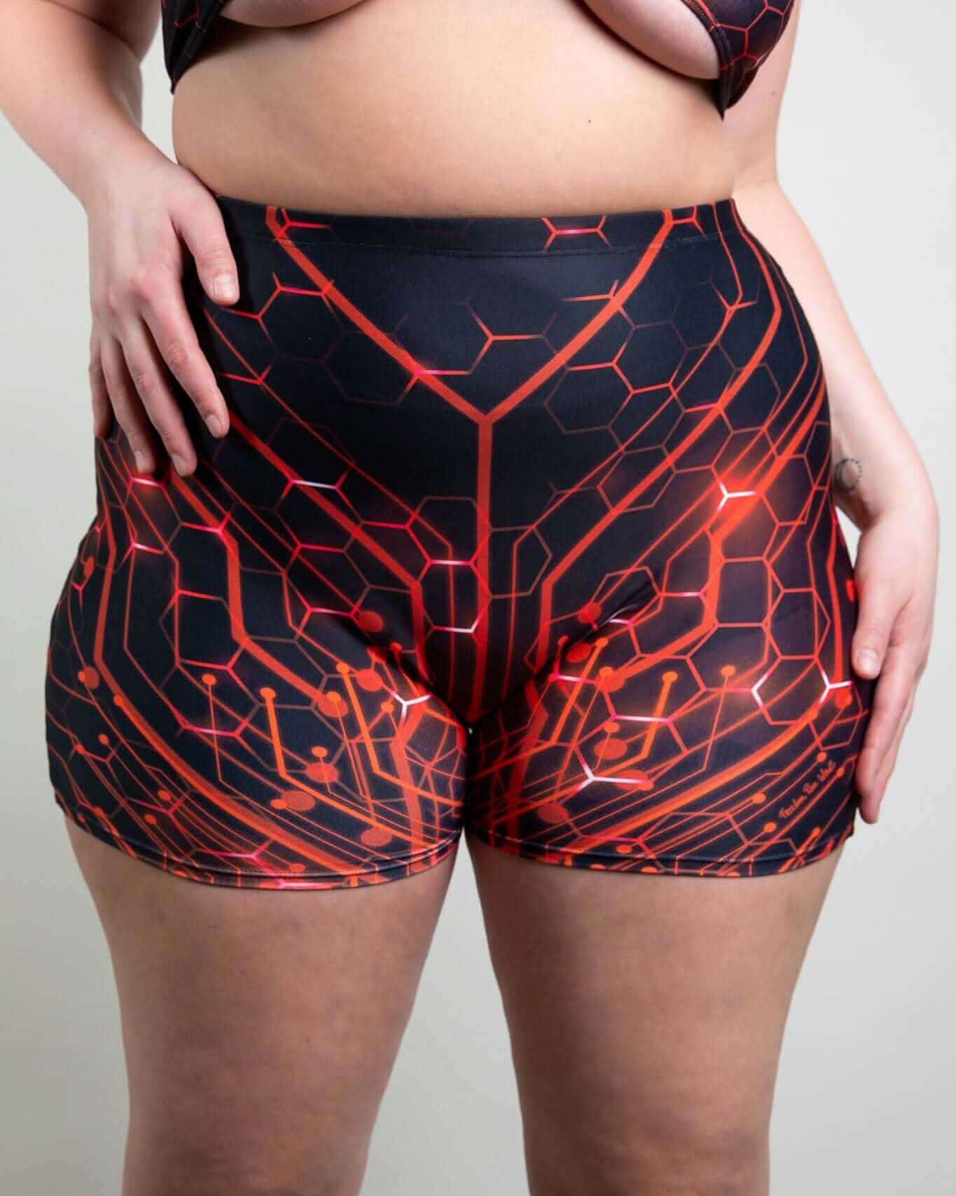 Red Singularity high waist rave pants with geometric circuit pattern for festival outfit styling