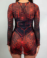 Red Singularity Mesh Long Sleeve Dress with vibrant pattern, perfect for rave outfits, showcasing unique back design.