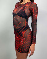 Model showcasing a Red Singularity Mesh Long Sleeve Dress with a futuristic design, perfect for rave outfits.