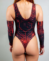 Red Singularity Sideboob Bodysuit featuring sleek design, side cutouts, and long sleeves, perfect for rave outfits.