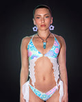 Retro Bloom Deep Sea Bikini Top - rave bikini top - front view - Freedom Rave Wear
