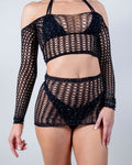 Rhinestone On Edge 2 Piece Fishnet Set showcasing a stylish off-shoulder top and skirt, perfect for rave outfits.