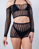 Rhinestone On Edge 2 Piece Fishnet Set showcasing a stylish off-shoulder top and skirt, perfect for rave outfits.