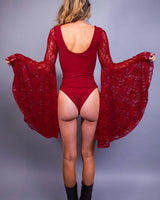 Scarlet Goddess Bodysuit with lace sleeves, mid-hip cut, and dramatic circle sleeves, ideal for rave outfits.