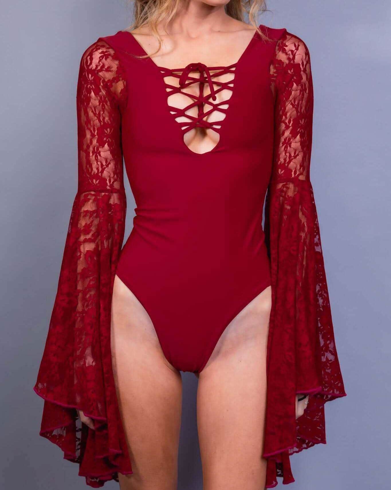 Scarlet Goddess Bodysuit with lace-up chest and dramatic circle sleeves, perfect for rave outfits.