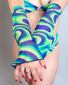 Flowy Seaglass Spiral Mesh Flare Sleeves in vibrant green and blue patterns, perfect for rave outfits.