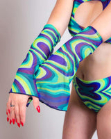 Seaglass spiral mesh flare sleeves in vibrant blue and green patterns, styled with a matching bikini for rave outfits.