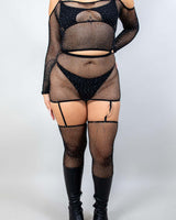 Seductra Rhinestone 2 Piece Fishnet Set featuring off-the-shoulder top, skirt, and attached leg sleeves, perfect for rave outfits.