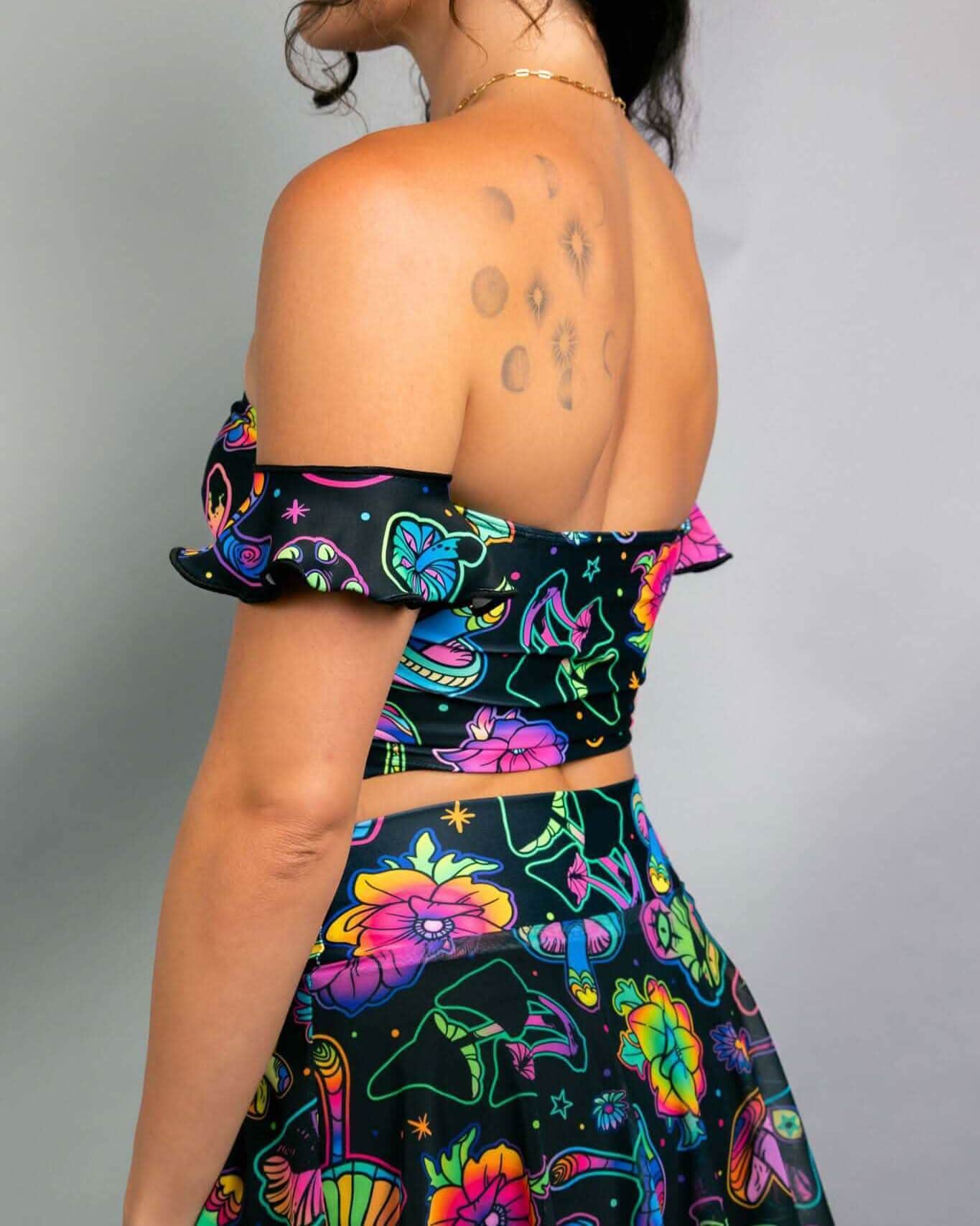 Rave top with psychedelic Shroomie mushroom print shown from back, bardot off-shoulder style, festival outfit two-piece set