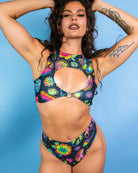 Shroomie! Keyhole Top with vibrant floral design, featuring a keyhole cutout, perfect for rave outfits and festival wear.