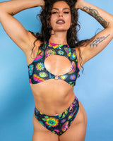Shroomie! Keyhole Top with vibrant floral design, featuring a keyhole cutout, perfect for rave outfits and festival wear.