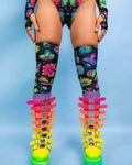 Vibrant Shroomie! Leg Sleeves with colorful rave outfit, featuring over-the-knee style and bold patterns for festival fashion.