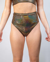 Starfire High Waisted Bikini Bottoms in gold sparkly design, perfect for rave outfits with cheeky cut and flattering fit.