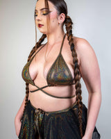 Starfire Wrap Bikini Top featuring gold sparkles and adjustable tie straps, perfect for rave outfits.