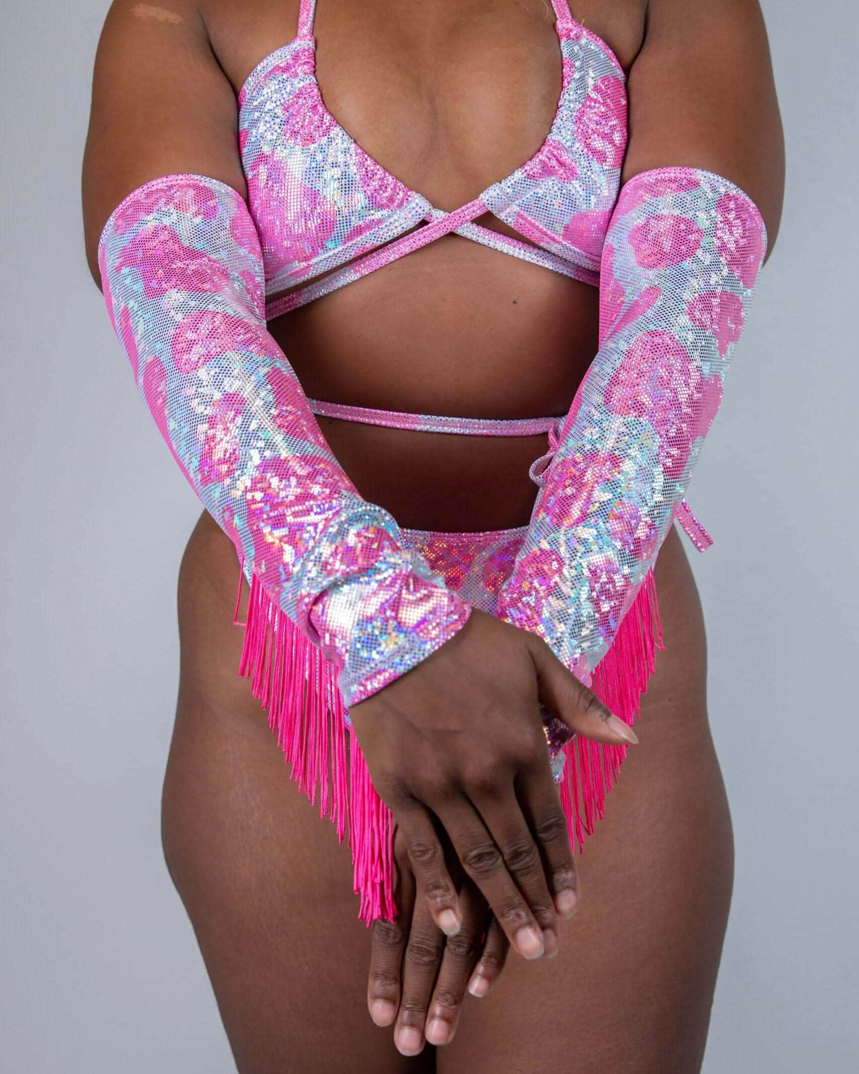 Pink sequined Strawberry Milkshake rave arm sleeves with fringe worn with matching bikini top festival outfit