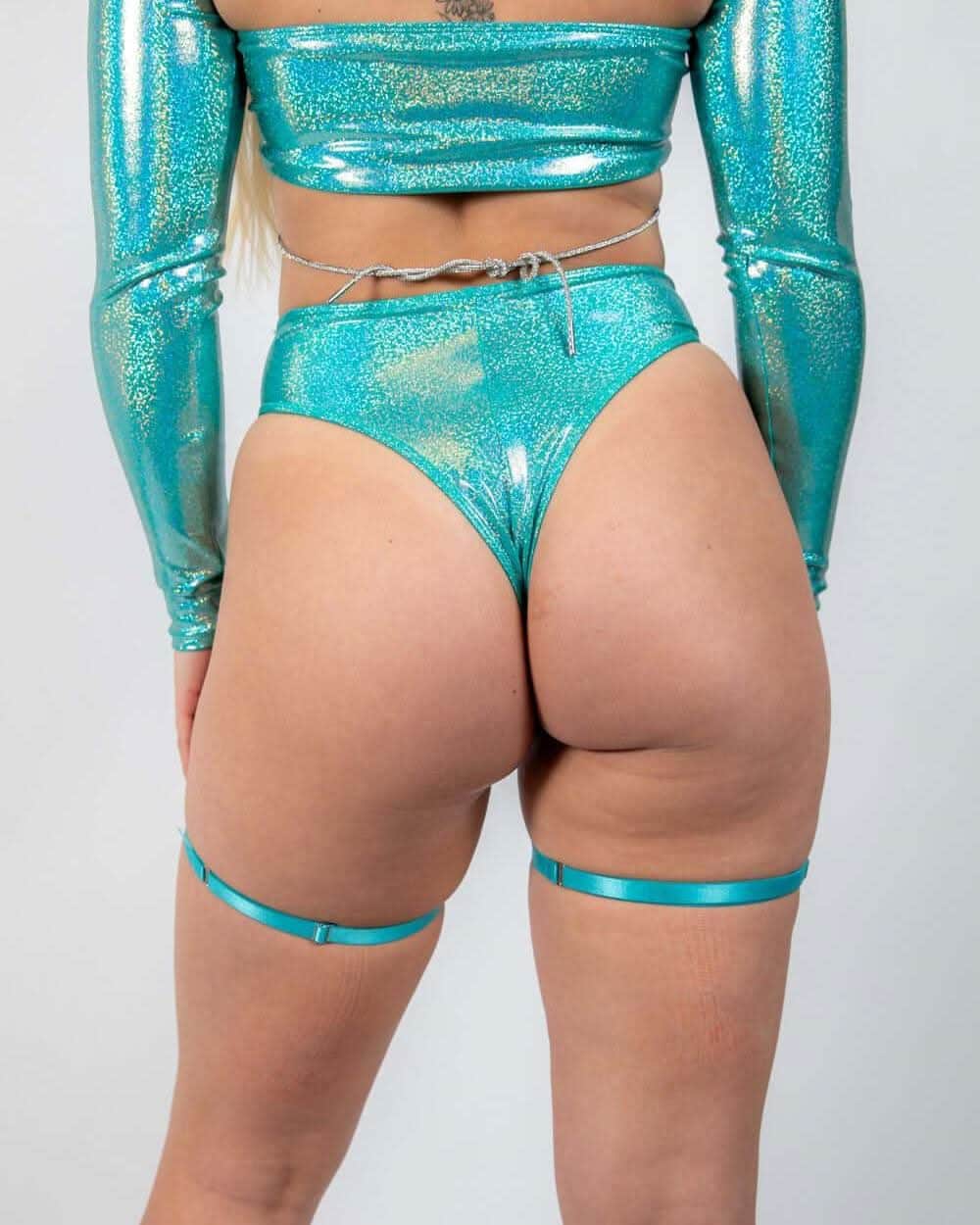 Teal Sparkle High Waisted Thong for rave outfits, featuring a cheeky cut and shimmering fabric, perfect for dance floor confidence.