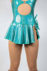 Teal sparkle swirl skirt with tie detail, perfect for rave outfits and stylish coverups.