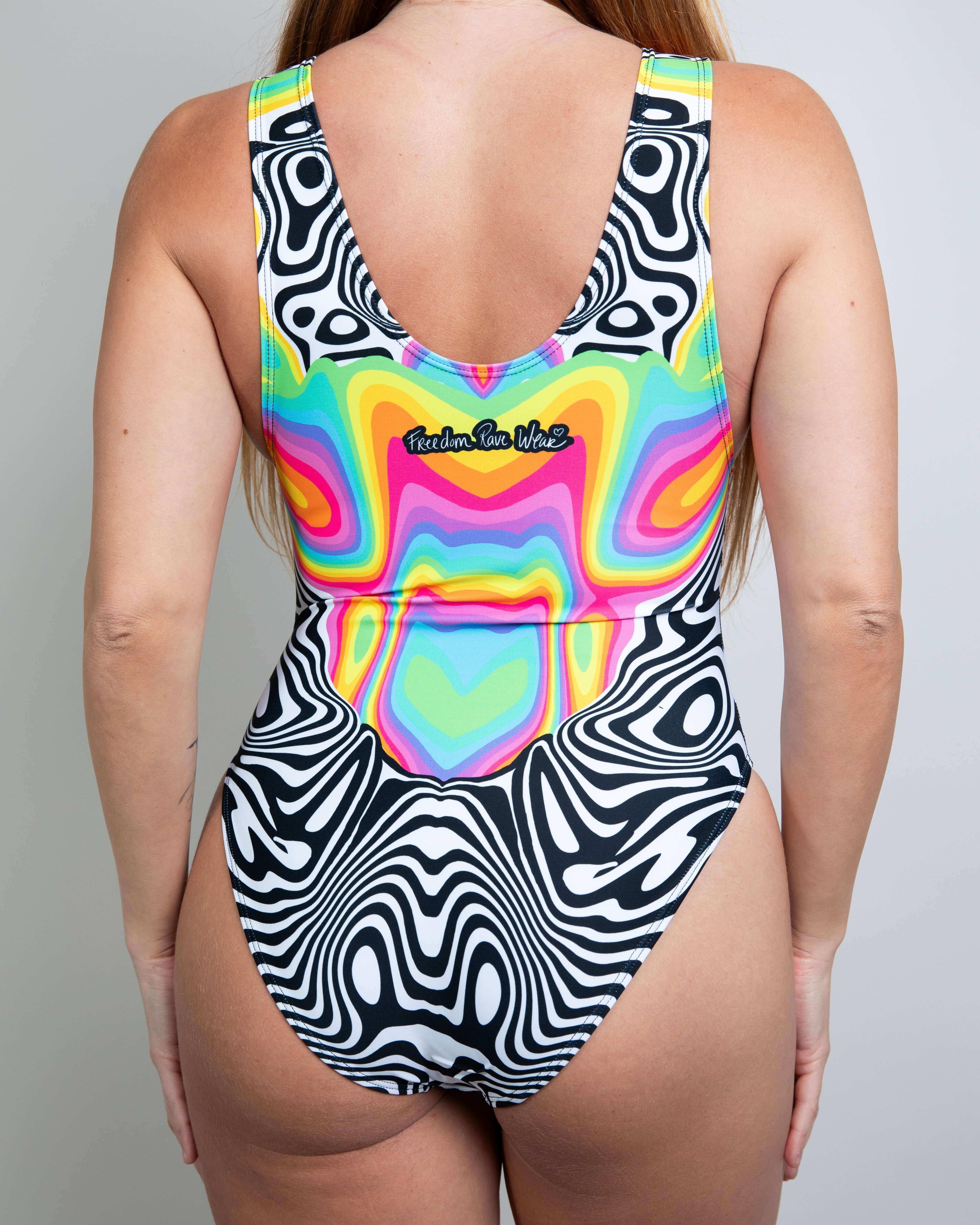 Colorful Technicolor bodysuit with psychedelic patterns, perfect for rave outfits and festivals.