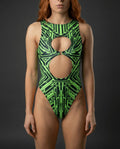 Neon green Techtronix keyhole rave bodysuit with circuitry pattern and cutout details modeled front view