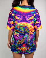Model showcasing the vibrant Titan Oversized Softee t-shirt with a bold T-Rex graphic, perfect for rave outfits.