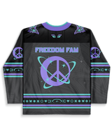 Limited edition Freedom Fam hockey jersey in vibrant purples and blues, perfect for rave outfits.