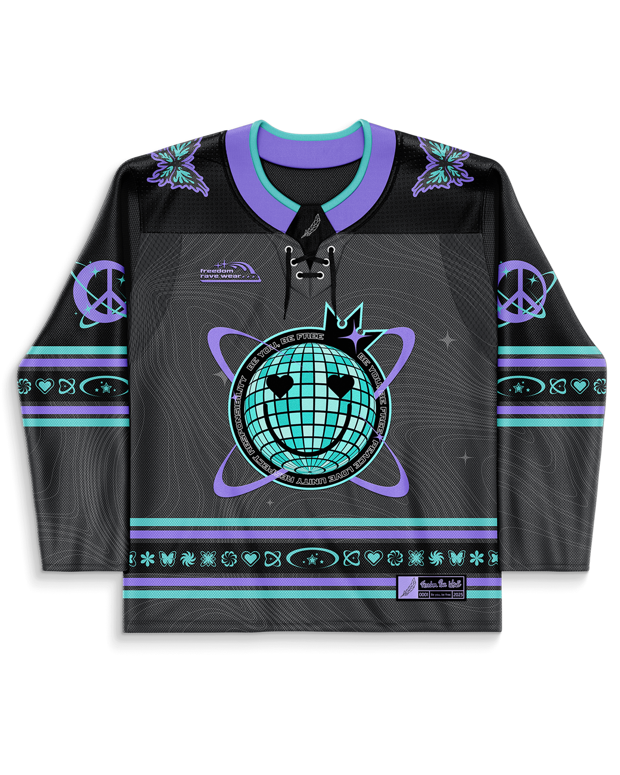 Limited edition Freedom Fam hockey jersey in bold purples and blues, perfect for rave outfits and events. Preorder now!