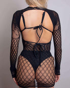 Back view of a black Victorian long sleeve fishnet dress, featuring a halter neck and stylish cutouts, perfect for rave outfits.