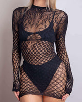 Black Victorian long sleeve fishnet dress showcasing sheer design, perfect for rave outfits and turning heads.